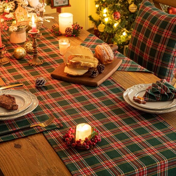 Luxurious 90-Inch Green Red Plaid Table Runner - Perfect for Holiday Gatherings - Picture 6 of 7